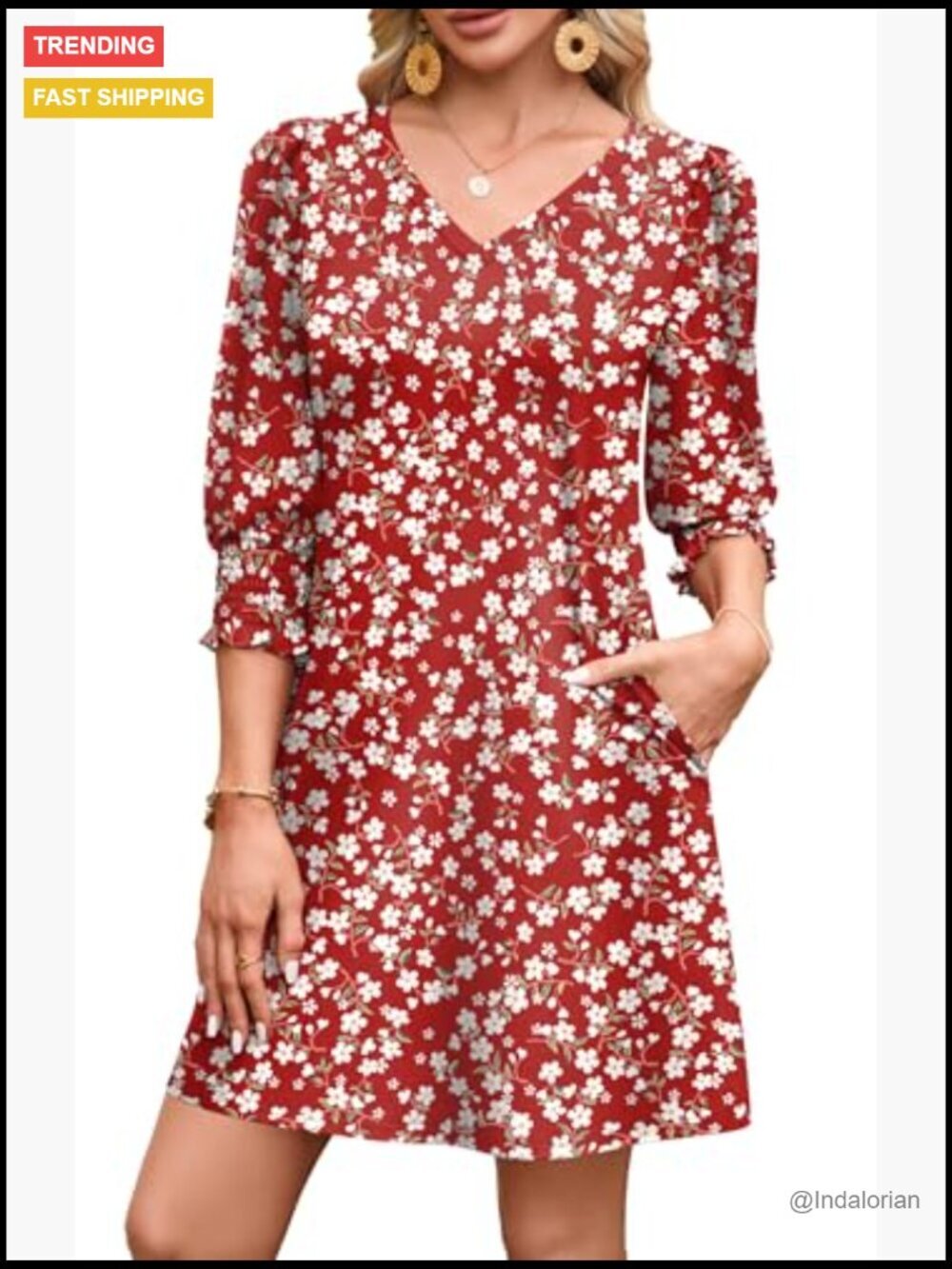 3/4 Sleeve Midi Dress with Pockets, V-Neck, Flowy Fit - Picture 2 of 7